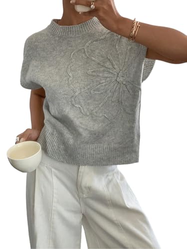 QJQ Women's Summer Short Sleeve Sweater Vest 3D Flower Floral Decor Knit Crewnek Anthropologie Clothes Casual Cute Tops 2025