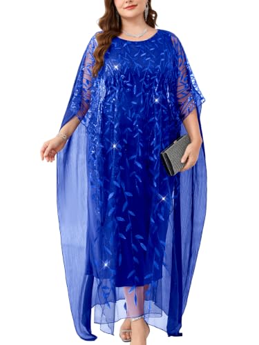 Image of Plus Size Sparkly Formal Evening Gown Sequin Cape Overlay Mother of Bride Dress Wedding Guest Cocktail Party