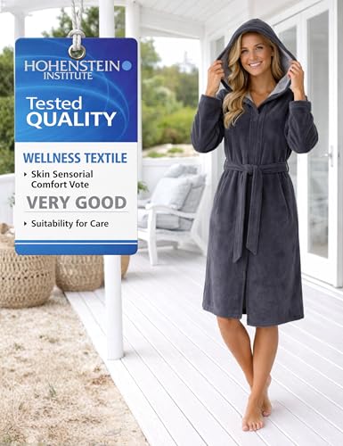 Morgenstern Bademantel Damen Reißverschluss Kapuze Grau M
