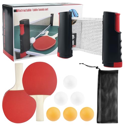 Eckerdromk Pás de ping pong Set, raquete de ténis de mesa, inclui 2 raquetes de ping pongue, 6 bolas, 1 rede de ténis de mesa retroátil, conjunto de para iniciantes e jogadores avançados
