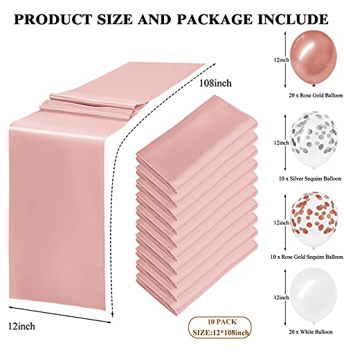 Mtreo 10 Pack Satin Table Runner Rose Gold 12" X 108" Long Silky And Smooth Table Runner Fit Rectangle And Round Table With 60 Pcs Balloons For Wedding, Birthday Party, Banquet, Graduation Decoration #TOP1