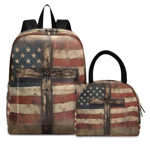 Backpack Lunch Bag Set Crossbody American Flag Print, Big Storage Travel Backpacks with Insulated Lunch Box for Office Hiking Picnic