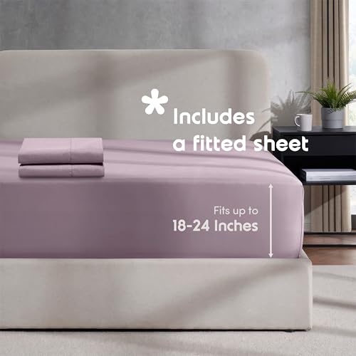 Image of Hearth & Harbor Dusty Purple Duvet Cover with Fitted Sheet Queen Size | 4 Piece Soft Double Brushed Bedding Set, Button Closure, 1 Duvet Cover 90x90 Inches, 1 Fitted Sheet, 2 Pillow Shams