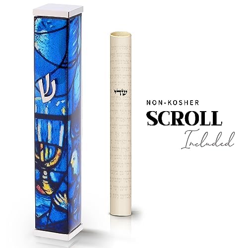 Image of SURI Mezuzah with Scroll for Door | 4 Inch Modern Aluminum Mezuzah Case | Fits 3 Inch Scroll | Gold & Silver Chagall-Inspired Design | Self Adhesive Easy Install | Judaica Jewish Gift