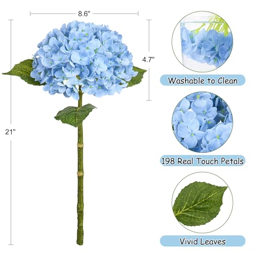 Image of Bassion 4 Pcs 21 inch Blue Hydrangea Artificial Flowers for Decorations | Realistic, lates real touch faux hydrangeas, for wedding bouquet party table centerpieces arrangements home decorations