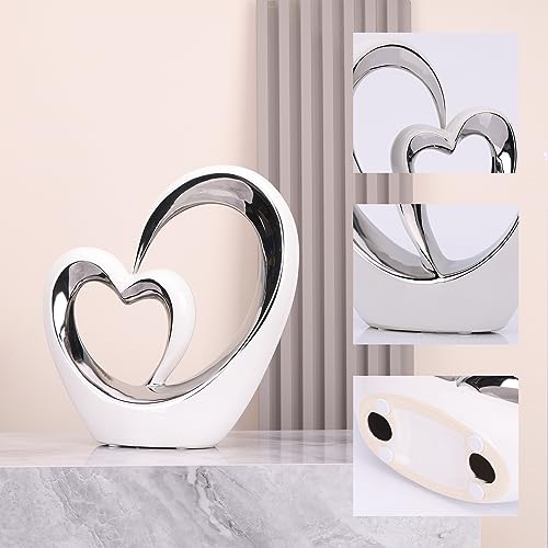 Escultura Doble Corazón de Porcelana Blanca y Plata miniatura 3