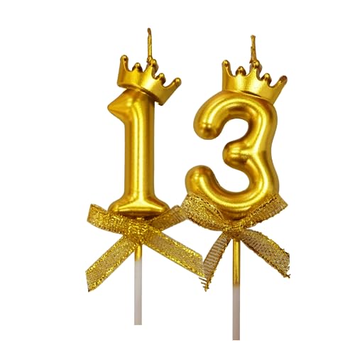 Image of 2 Pc 13 Number Candle for Birthday Cake Metallic Gold Number Candle with Crown on Top for Anniversary Cake Topper 13th Birthday Cake Decoration (Pack of 2, Gold).