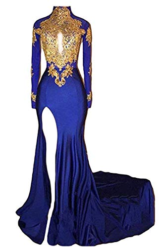 Fanao Women's Mermaid Prom Dresses 2025 V-Neck Mermaid Long Sleeves Gold Appliques Split Party Prom Gown PM070