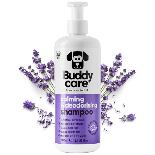 Beruhigendes & desodorierendes Shampoo von Buddycare - Lavendelduftendes Hundeshampoo - Mit Aloe Vera und Pro-Vitamin B5 (500ml)