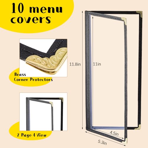 Image of Ziliny 10 Pcs 4.5 x 11 in Transparent Restaurant Menu Covers, Clear Covers | With Metal Corners, Clear PVC Sleeves, Black Folder Menu Book, 2 Page 4 View, For Wine Drinks Coffee Bars Restaurant