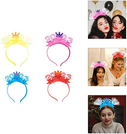 Amosfun 4Pcs 2023 Happy New Year Headband with LED Fiber Optic New Year Eve Hair Hoop Light Up Head Bopper Christmas Tiara Crown for 2022 New Year Party Supplies (Random Color)