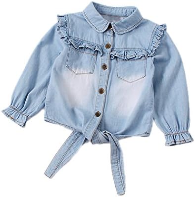 Colorful Childhood Girls Denim Crop Tie Shirt Blouse Toddler Shawl Button Down Shirts Children's Casual Tops Light Blue Size 6-7T