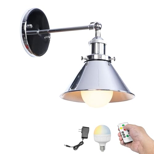 Image of Kiven Battery Operated Wall Sconces 1-Light,Vintage Wall Lights with Rechargeable Bulb,Dimmable Wall Lighting Fixtures for Painting Bedside Vanity Desk, Silver Finish
