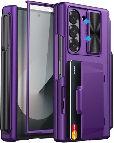 Image of for Samsung Galaxy Z Fold 6 Case with Card Holder & S Pen Holder & Screen Protector & Slide Camera Protection & Hinge Protection, Shockproof Wallet Phone Case for Z Fold 6 5G 2024, Dark Purple