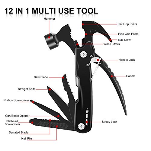 Multitool, Camping Accessories Pocket Survival Gear and Equipment 12-in-1 Hammer Multi Tools with Pocket Gadget Blade Bottle Opener Pliers Screwdriver Wire Cutters, Stainless Steel. - Thumbnail 3