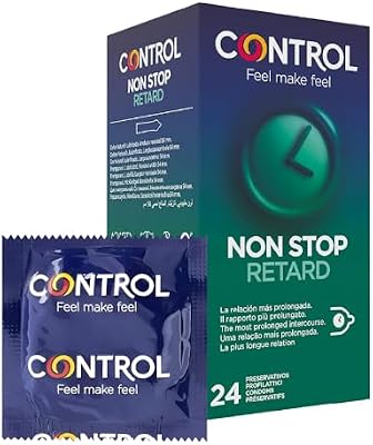 Control Non Stop Retard Preservativos- Caja de condones retardantes para una relación más prolongada, lubricados, ajuste perfecto, sexo seguro, 24 unidades (pack ahorro)
