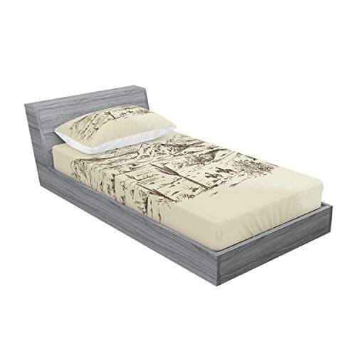 Ambesonne Western Fitted Sheet & Pillow Sham Set, Wild West Landscape Illustration Mountains Desert Plants Cowboys On Horses, Decorative Printed 2 Piece Bedding Decor Set, Twin, Beige Black #TOP1