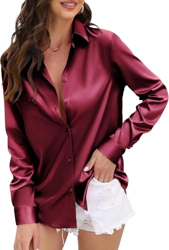 Image of IndoPrimo Women's Satin Shirt with Spread Collar Neck Line Solid Pattern Full Sleeves Regular Fit Western Style and Standard Length