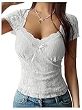 Milumia Women's Floral Lace Bow T Shirt Sweetheart Neck Short Sleeve Semi Sheer Top White X-Large