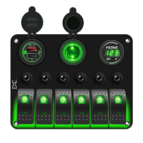 FXC 6-Gang Waterproof Rocker Switch Panel with USB-C & QC3.0, LED Voltmeter