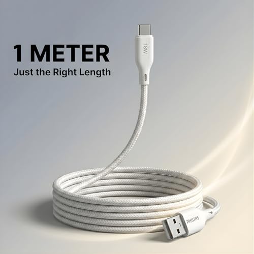 Image of PHILIPS DLC4130AW /94 18W Type-A to Type-C Fast Charging Cable (1m, Bright White) | Nylon Braided | Compatible with iPhone 15+ Series, USB-C iPad Models, Samsung Galaxy & All Type C Devices