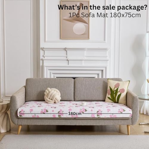 Image of HOMETHREADS Anti-Skid Sofa Protector Mat: Premium Printed Cotton Slipcover with Strong PVC Non-Slip Backing, (White Pink, 3 Seater | 180x75cm)