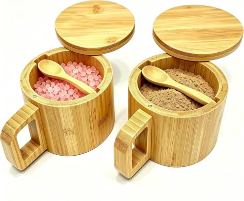 Bamboo Salt Cellar with Handle, 10oz Magnetic Swivel Lid & Spoon(2 Pack)