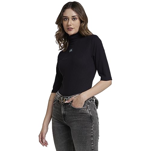 Image of Spykar High Neck 3 /4Th Sleeve Solid Slim Fit T-Shirt for Women