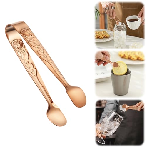 Vintage Rose Handle Sugar Tongs,Rose Relief Stainless Steel Ice Cube Clips Sugar Tongs Small Food Clips for Tea and Coffee Party, Appetizers Desserts Kitchen Barware (Rose Gold)