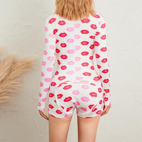 Image of Women Christmas Shorts Romper Print Long Sleeve Deep V Neck Fitted Jumpsuit