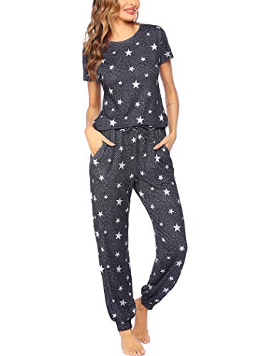 Hotouch Pajama Pants Set Women 2 Piece Sleepwear Star Print Soft Pjs Plus Size Lounge Sets for Winter Dark Grey White Star Xl