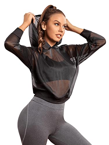 Sweatyrocks Women's Long Sleeve Mesh Sheer Solid Athlete Hooded Sweatshirt Black M #TOP2