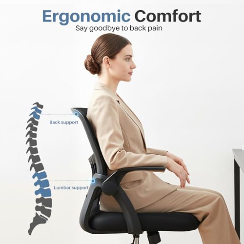 Image of DUMOS Home Office Desk Chair - Ergonomic Computer Mesh Chair with Lumbar Support & Rocking Mode, Height Adjustable, Flip-up Armrest, for Conference, Meeting Room, 360 Swivel, Adults, Black