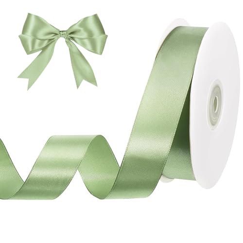 Image of woric Sage Green Ribbon 1 Inch 50 Yards Light Green Satin Ribbon for Baby Shower Summer Wedding Floral Bouquet Gift Wrapping Hair Bows Home Decor