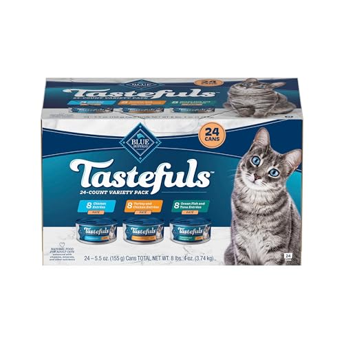 Blue Buffalo Tastefuls Wet Cat Food Paté Variety Pack, Made with Natural Ingredients, Chicken, Turkey & Chicken, Ocean Fish & Tuna Entrées, 5.5-oz Cans (24 Count, 8 of Each)