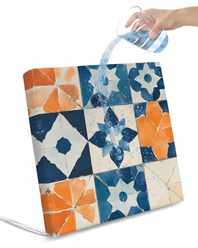 2 Pack Abstract Blue Waterproof Cushion Covers with Ties, Outdoor Patio Chaise Lounge Chair Seat Cushion Slip Covers Replacement(Only Cover) Orange Color Block Retro Watercolor Boho 22