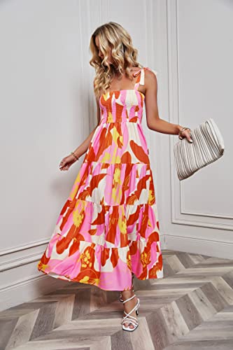 Image of kinstell Women's Summer Boho Spaghetti Strap Square Neck Ruffle Casual Flowy Long Dress Beach Swing Party Maxi Dress