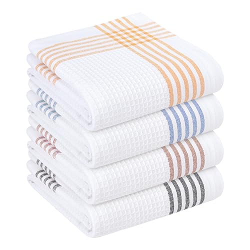 Image of Waffle White & Multi Colors Kitchen Towels Set of 4, 100% Cotton, 16x26 inches, Quick Dry Dishcloths, Ideal Dish Towel for Drying, Wiping - Mustard Yellow, Sky Blue, Brown, Black