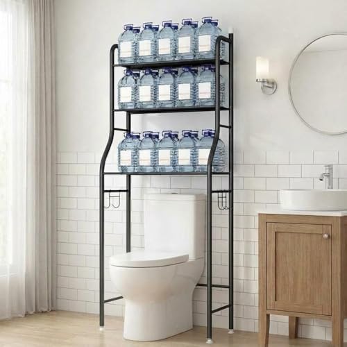 3-Tier Over The Toilet Storage Shelf, Freestanding Bathroom Organizer with Removable Towel Hooks & Paper Holder, Space-Saving Metal Shelf for Laundry & Restroom, Black - 5