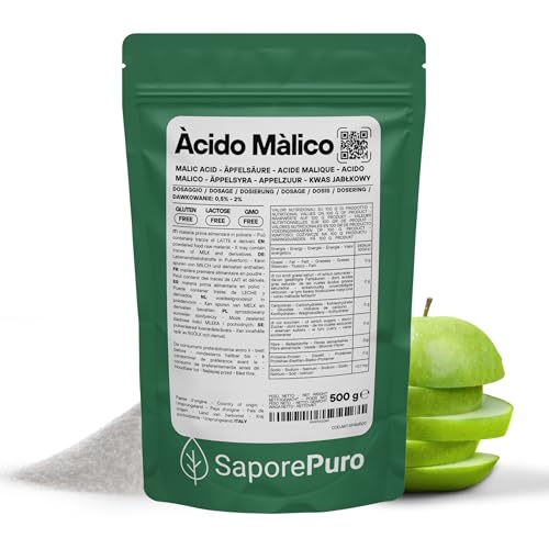 SaporePuro Ácido Málico en Polvo 500 g | Alta Solubilidad y Sabor Ácido | Ideal para Bebidas, Postres y Suplementos | Calidad Alimentaria | Sin Gluten
