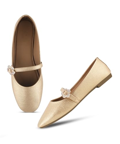 Image of JM LOOKS Elegant Textured Metallic Mary Jane Flats with Floral Buckle Detail and Comfortable Low Profile Sole