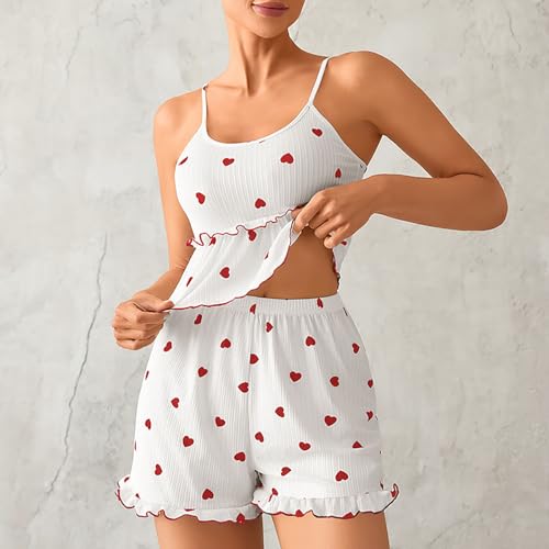 Ruffle Cute Camisole Sleepwear 2 Piece Set Ribbed Spaghetti Strap Cami & Shorts Lounge Set Crop Top with Bottoms2