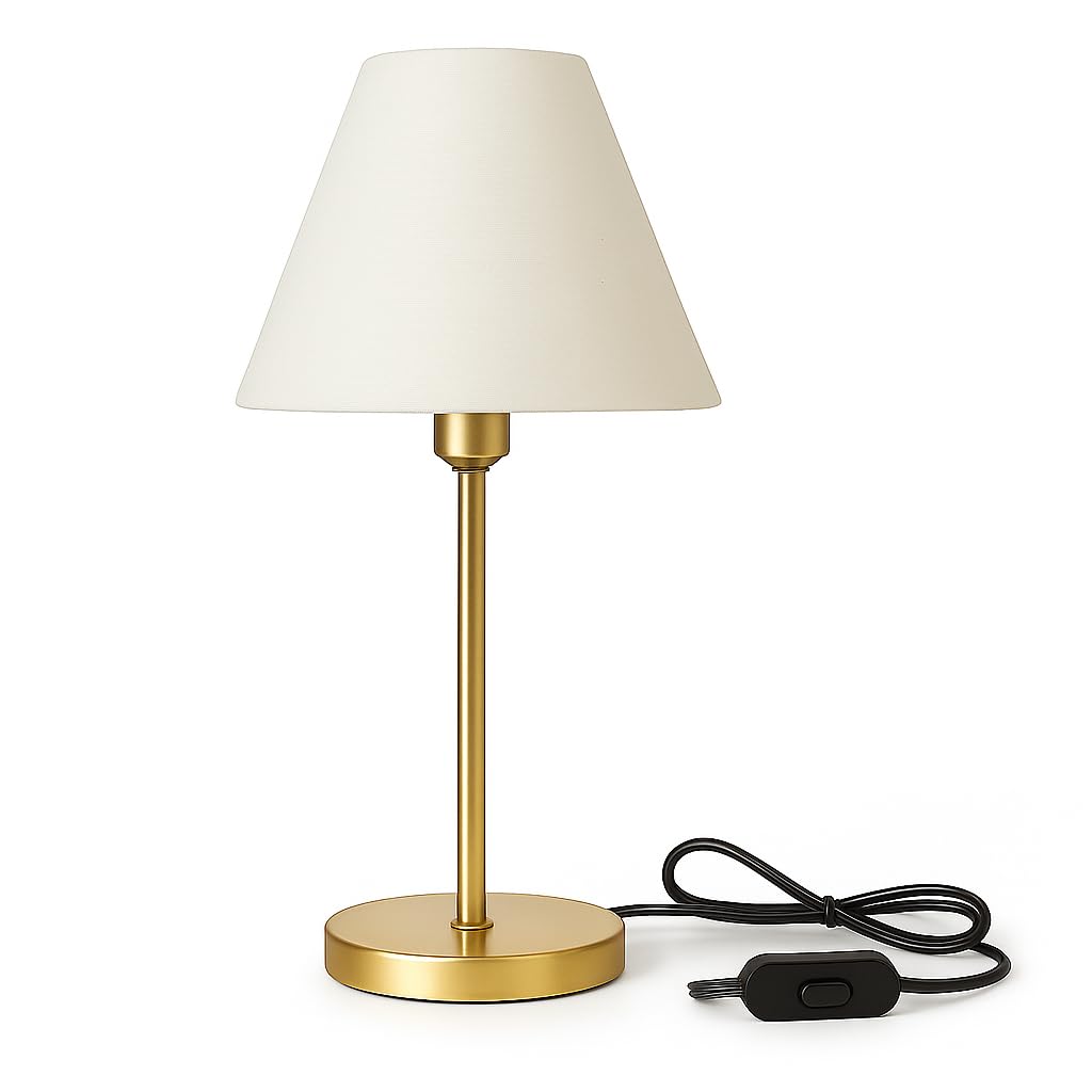 Abajur de Mesa Dourado com Cúpula em TECIDO Branca – Toque Sofisticado para sua Decoração