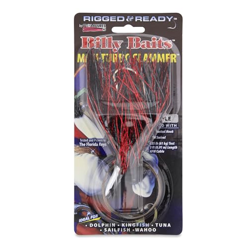 Billy Baits Mini Turbo Slammer Rigged & Ready, Black-Red/Red, 7/0 Mustad Hook, AFW Swivel, 135 lb AFW Cable, 3 ft