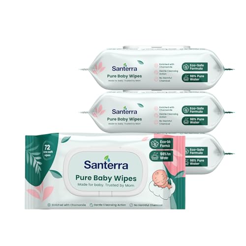 Image of Pure Baby Wipes Pack of 4 (288 Wipes) | Eco Safe formula, Extra Moisturiser, Tested by Mother's | Wipes with Chamomile, Aloe Vera & Vitamin-E |Dermatologically Tested with Alcohol-Free, Paraben-FreePure | Baby Wipes for Newborns & Infants