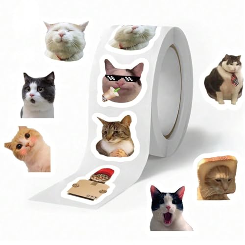 500PCS Cat Meme Sticker Roll - 10 Styles Waterproof Decals