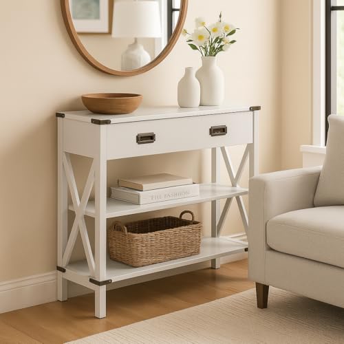 From the Tree Furniture Grey Console Table with Drawer and Storage Shelves – Narrow Entryway Table for Hallway, Living Room, Behind Couch or Foyer