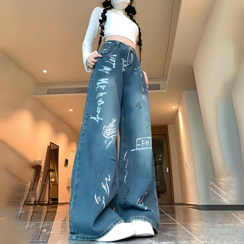 Y2K Gothic Vintage Grunge Casual Style High Waist Straight Wide Leg Doodle Print Denim Pants for Women2