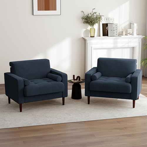 Image of Accent Chair, Corduroy Upholstered Arm Chairs for Living Room, Comfy Armchair Mid-Century Track Armrest Single Sofa Bedroom Reading Seat with 2 Bolster Pillows - Navy Blue, Set of 2
