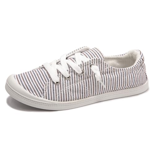 Womens Slip On Canvas Sneaker Low Top Casual Walking Shoes Classic Comfort Flat Fashion Sneakers Blue&Brown Stripe 06